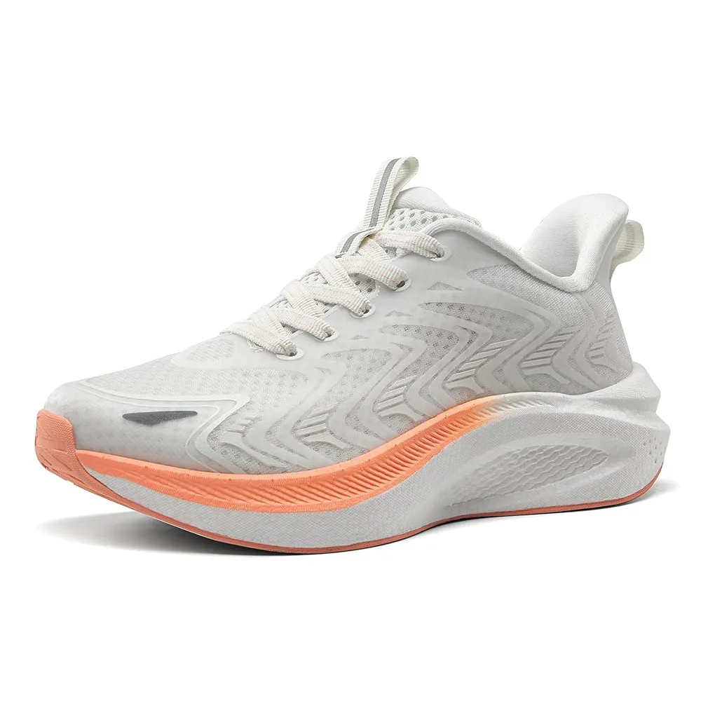 White women's running shoes with an orange sole and a wavy pattern design. The shoes feature a cushioned midsole, lace-up closure, and a pull tab at the heel for easy wearing.