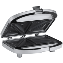 A silver sandwich maker with a clamshell design, featuring non-stick triangular plates for making two sandwiches simultaneously.