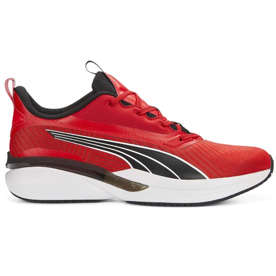 Red Puma Hyperdrive SPEED running shoe with a sleek design, featuring a black and white logo stripe, cushioned midsole, and a mesh upper for breathability.
