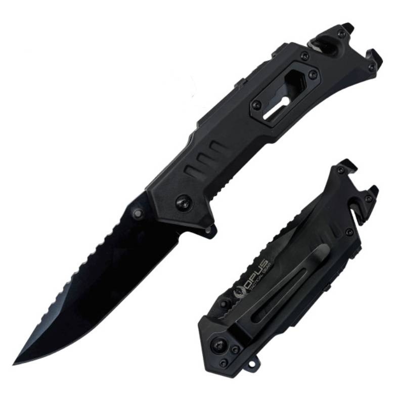 A black tactical pocket knife with a partially serrated blade is shown open, alongside its closed position, featuring a clip and glass breaker tip.