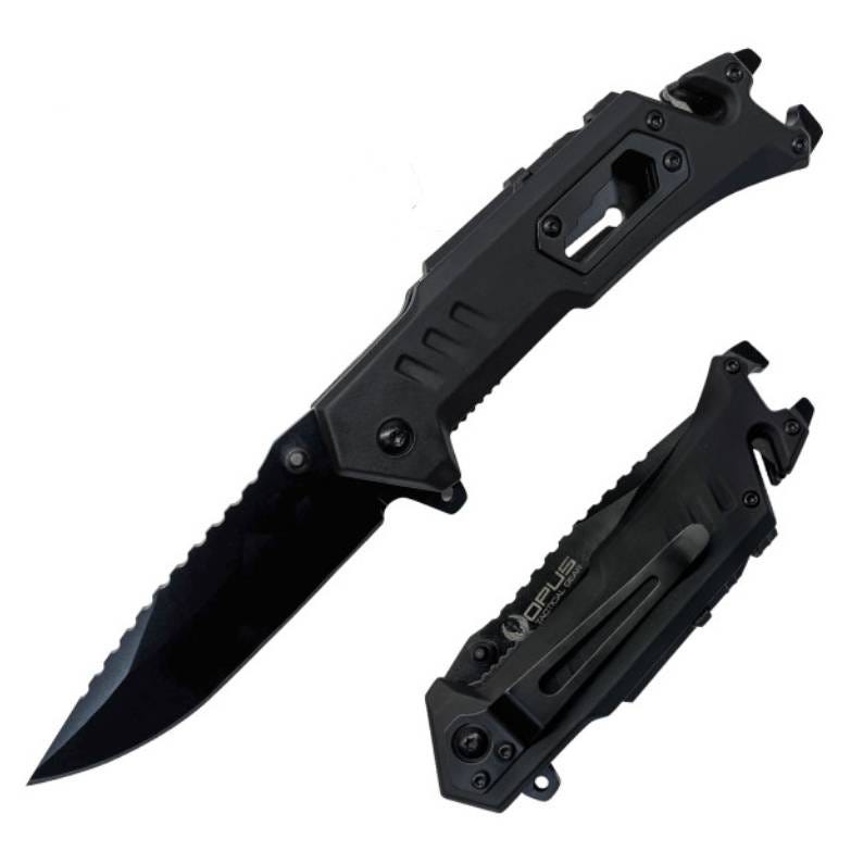 A black tactical pocket knife with a partially serrated blade is shown open, alongside its closed position, featuring a clip and glass breaker tip.