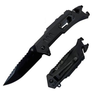 A black tactical pocket knife with a partially serrated blade is shown open, alongside its closed position, featuring a clip and glass breaker tip.