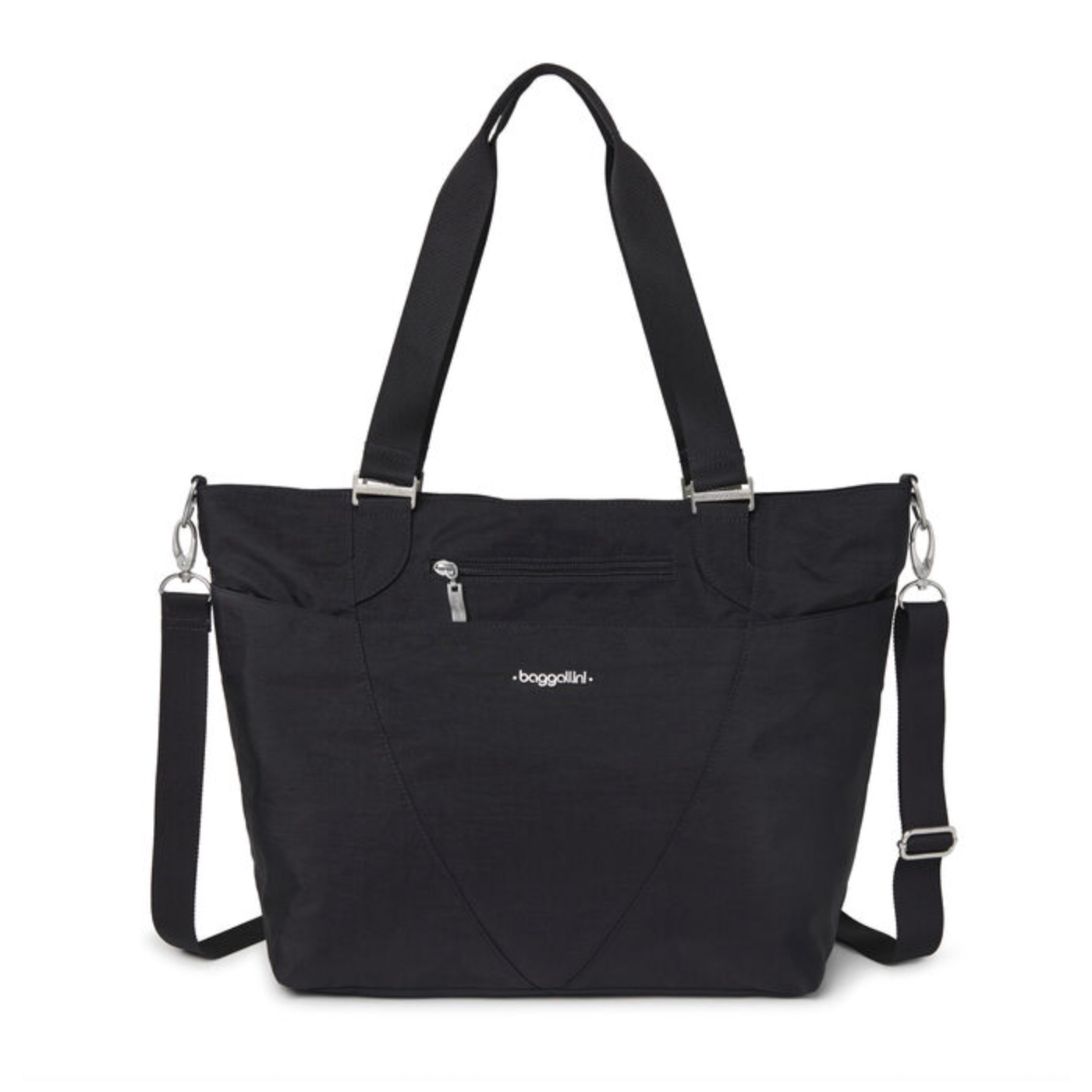 A black tote bag with shoulder straps, a removable crossbody strap, and a front zipper pocket.
