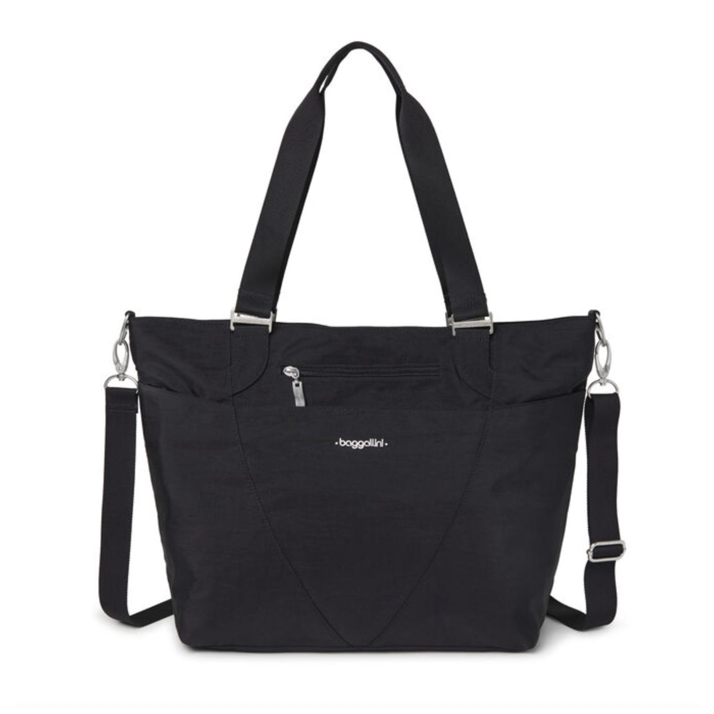A black tote bag with shoulder straps, a removable crossbody strap, and a front zipper pocket.