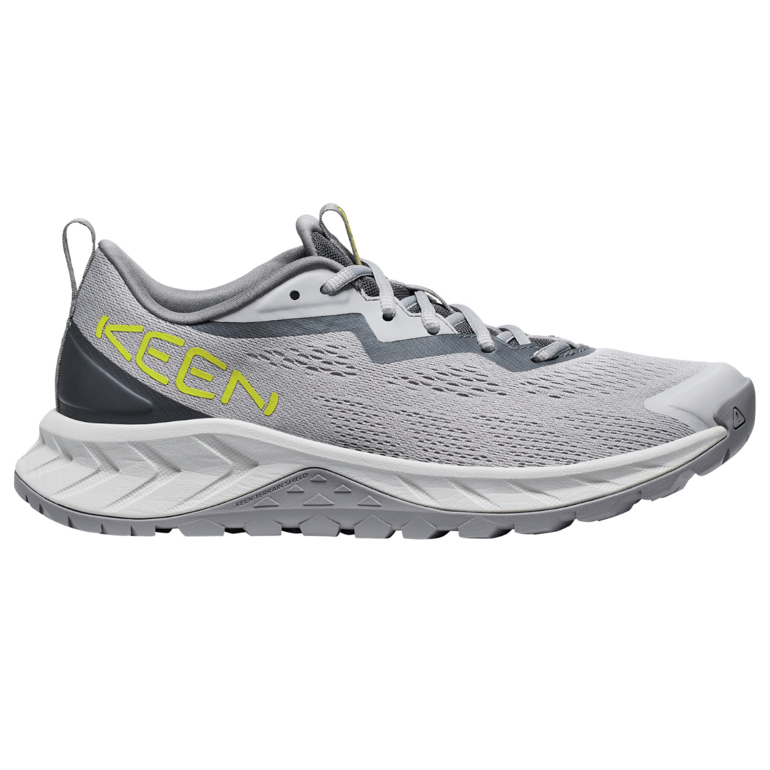 Gray KEEN athletic shoe with a mesh design, featuring a chunky sole and the brand logo in yellow on the side.
