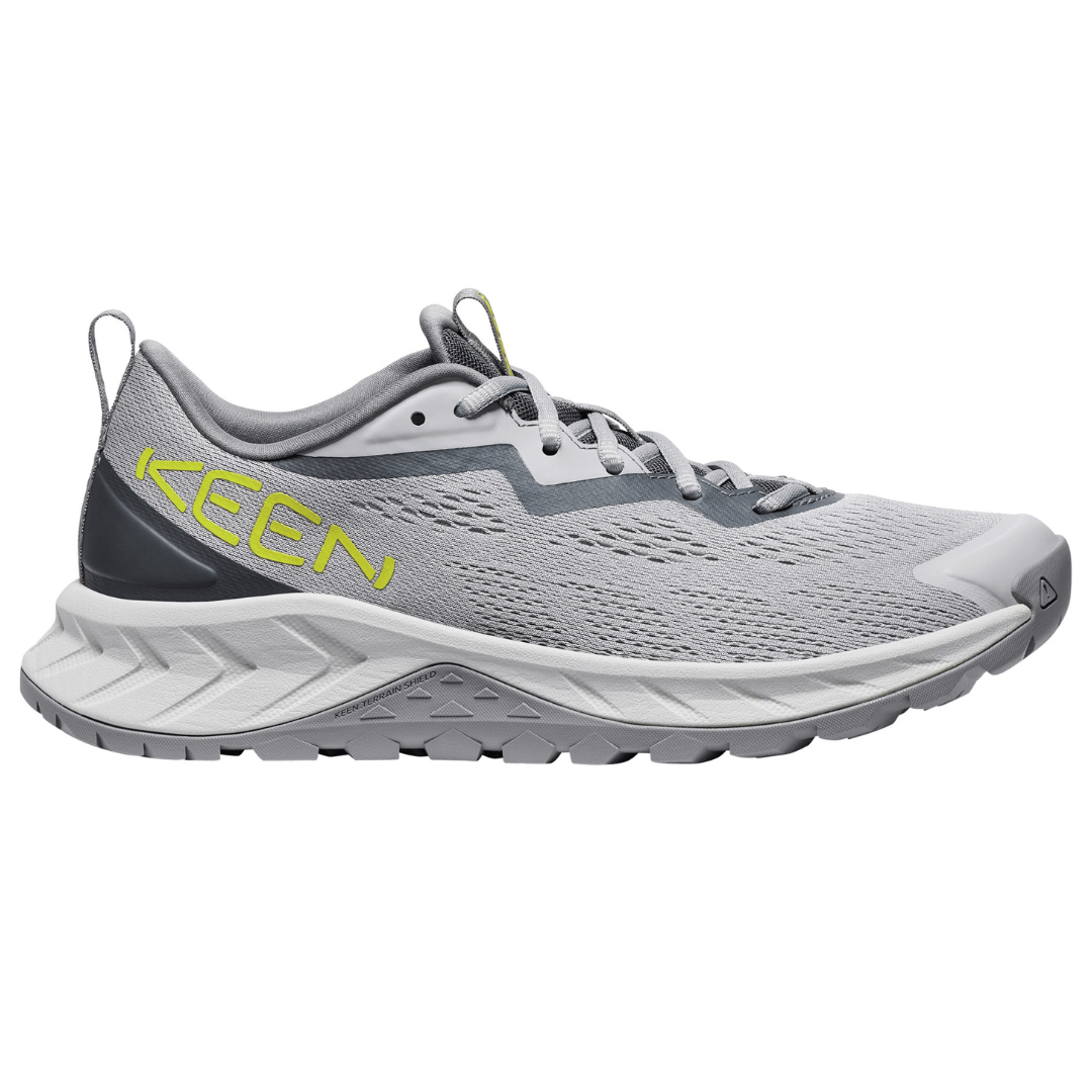 Gray KEEN athletic shoe with a mesh design, featuring a chunky sole and the brand logo in yellow on the side.