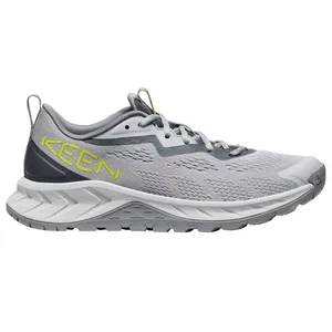 Gray KEEN athletic shoe with a mesh design, featuring a chunky sole and the brand logo in yellow on the side.