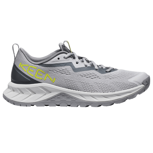 Gray KEEN athletic shoe with a mesh design, featuring a chunky sole and the brand logo in yellow on the side.