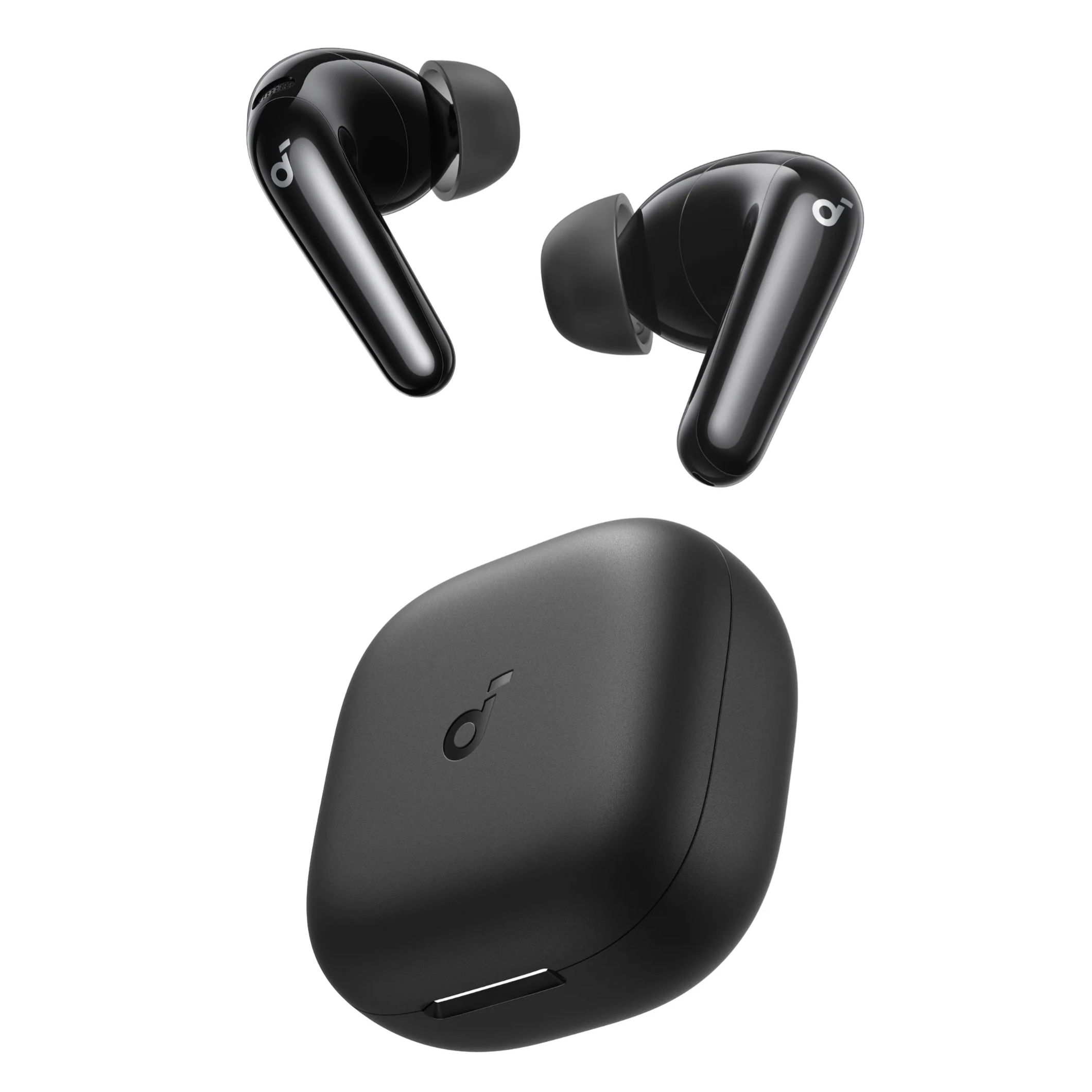 Black wireless earbuds with a compact charging case.