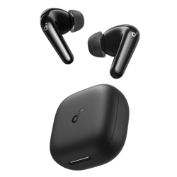 Black wireless earbuds with a compact charging case.