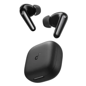 Black wireless earbuds with a compact charging case.