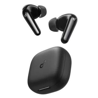 Black wireless earbuds with a compact charging case.