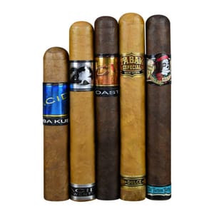 Five cigars with various colored wrappers and distinctive bands are displayed side by side.