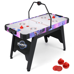 Air hockey table featuring a digital scoreboard, two red strikers, and two red pucks, with vibrant graphics on the sides.