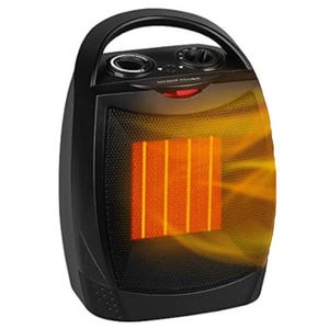 1,500W Portable Space Heater with a carry handle, featuring two control dials on top for temperature and settings, and a front mesh grille indicating heating elements in use.