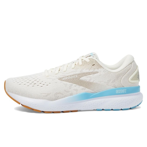 Brooks Women's Ghost 16 Shoes are lightweight running sneakers featuring a breathable light beige upper with white and pastel blue accents, a cushioned white midsole, and durable gum outsole, designed for comfort and support.