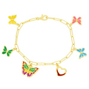 Gold chain bracelet featuring charms of colorful butterflies in yellow, green, pink, blue, and a multicolored wing, along with a heart charm.