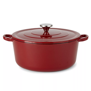 A red 5.6qt cast-iron Dutch oven with a matching lid, featuring two side handles and a round metal knob on top.