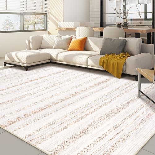 A washable rug featuring a white base with geometric patterns in shades of brown and orange, placed in a living room with a sectional sofa and wooden furniture.