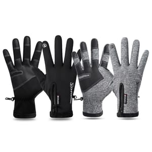 Four gloves in two colors—black and gray—featuring zippers and tactile grip patterns.