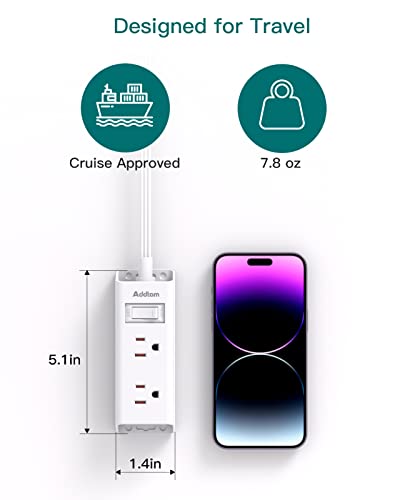 An ultra-flat plug power strip is compared to a smartphone for size, highlighting its portability and suitability for travel, marked as cruise approved and weighing 7.8 oz, with dimensions of 5.1 inches in height and 1.4 inches in depth.