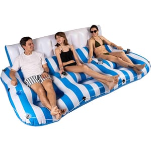 An inflatable lounge raft with blue and white stripes, featuring three built-in seats, cup holders, and a white backrest, suitable for pool lounging or relaxation.