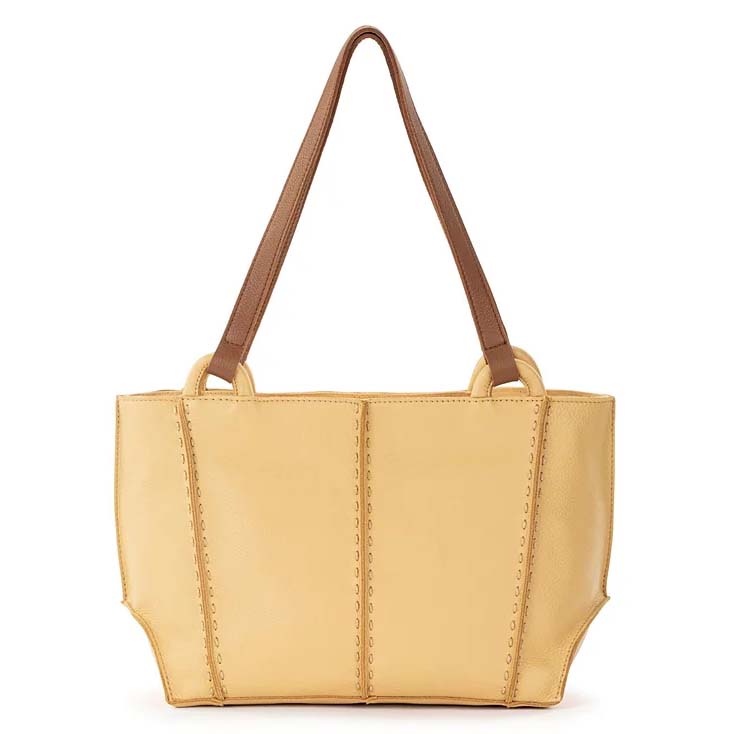 A yellow tote bag with brown handles, featuring stitched detailing on the panels for added design.