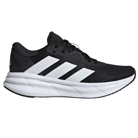 Black and white Adidas running shoe with Cloudfoam cushioning and signature three-stripe design.