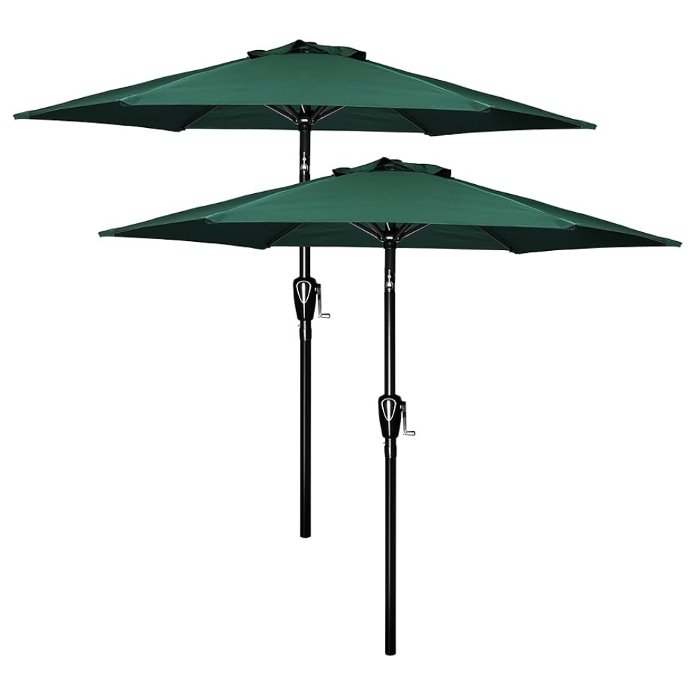 Set of two green outdoor patio umbrellas with black poles and crank handles for easy opening and closing.