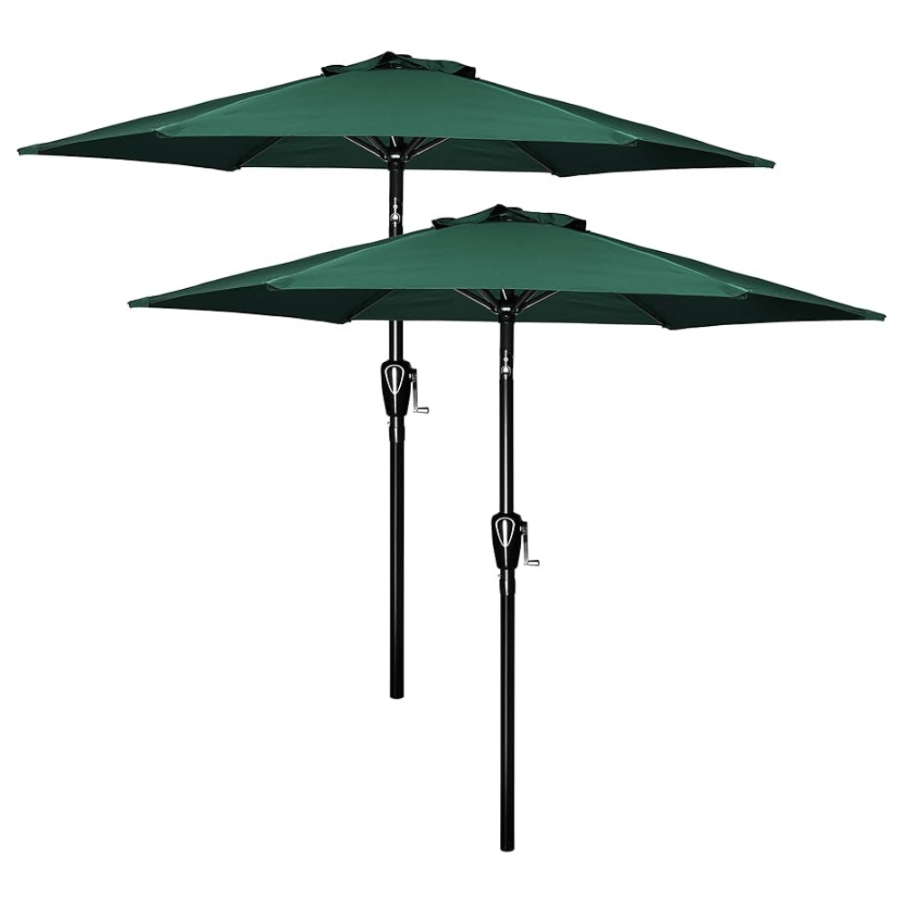 Set of two green outdoor patio umbrellas with black poles and crank handles for easy opening and closing.