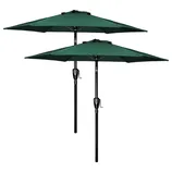 Set of two green outdoor patio umbrellas with black poles and crank handles for easy opening and closing.