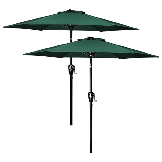 Set of two green outdoor patio umbrellas with black poles and crank handles for easy opening and closing.