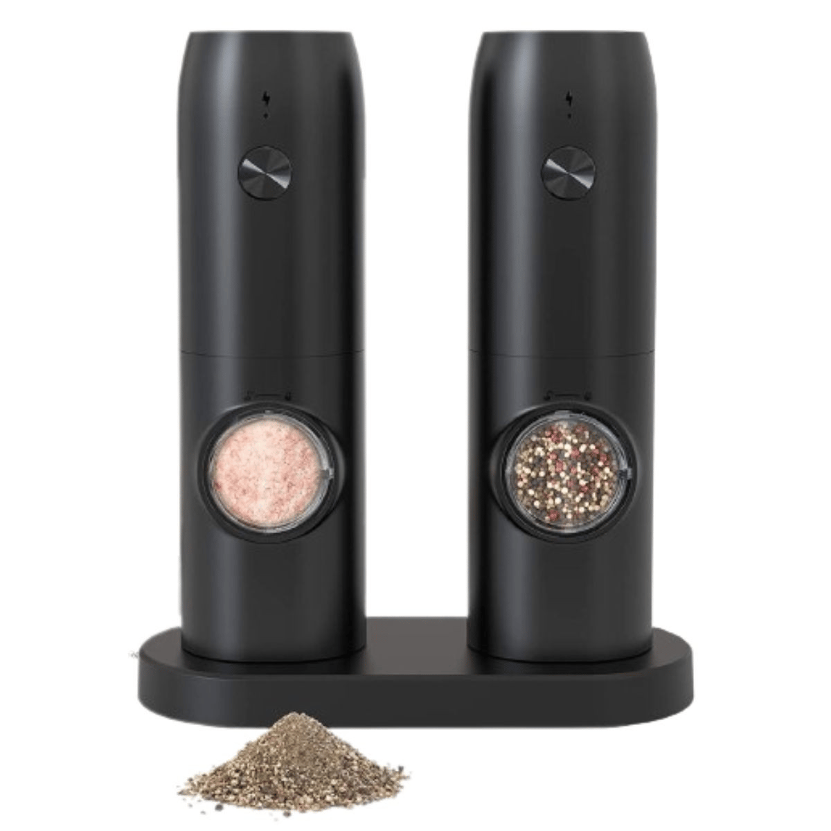 Black electric salt and pepper grinders on a charging base, featuring a window showing pink salt and mixed peppercorns, with freshly ground pepper scattered in front.