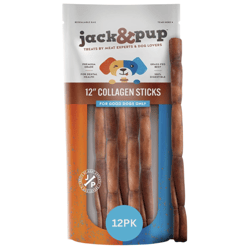 Jack & Pup 12\“ Collagen Sticks for dogs, premium grade, grass-fed beef, 100% digestible, and designed for dental health; package contains 12 sticks.