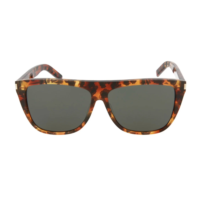 Sunglasses with a tortoiseshell-patterned frame and dark lenses, featuring a classic square shape.