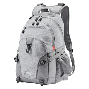 A gray High Sierra backpack featuring multiple zippered compartments, adjustable straps, a front clip, and side mesh pockets.