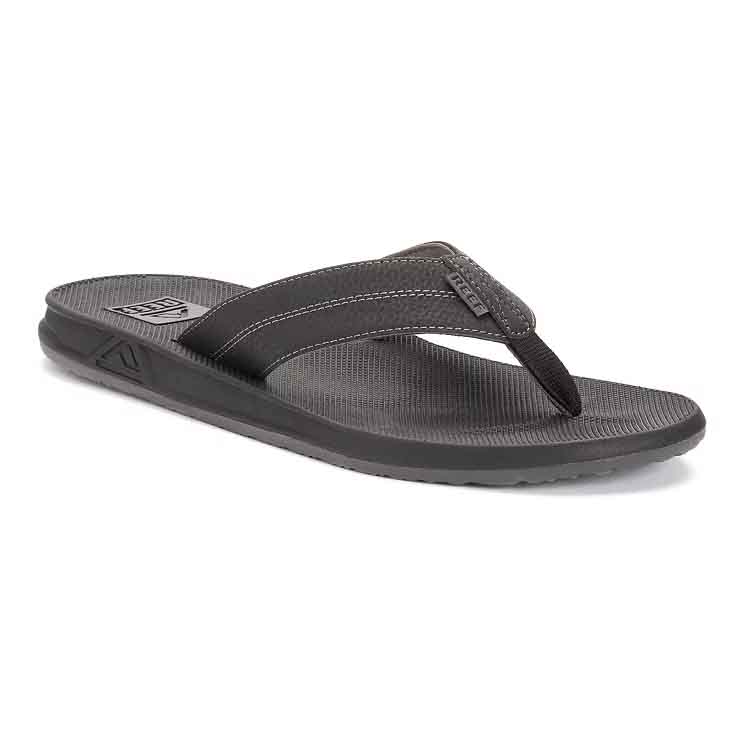 Reef Men's Bottle-Opener Sandals are black flip-flops featuring a comfortable footbed and a unique bottle opener integrated into the sole, ideal for beach or casual wear.