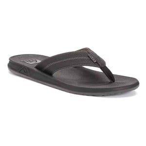 Reef Men's Bottle-Opener Sandals are black flip-flops featuring a comfortable footbed and a unique bottle opener integrated into the sole, ideal for beach or casual wear.