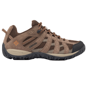 Columbia Men's Hiking Shoes in brown with breathable mesh and suede upper, featuring Techlite cushioning and Omni-Grip high-traction rubber outsole.