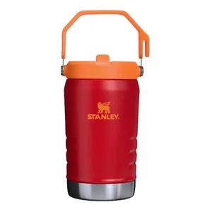 Red and orange 40oz Stanley IceFlow Flip Straw Jug with a sturdy handle, featuring an insulating design and a flip straw lid for easy drinking.