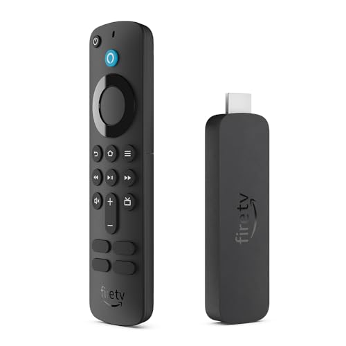A black Amazon Fire TV Stick 4K next to its remote control, featuring buttons for navigation, volume, and voice command.