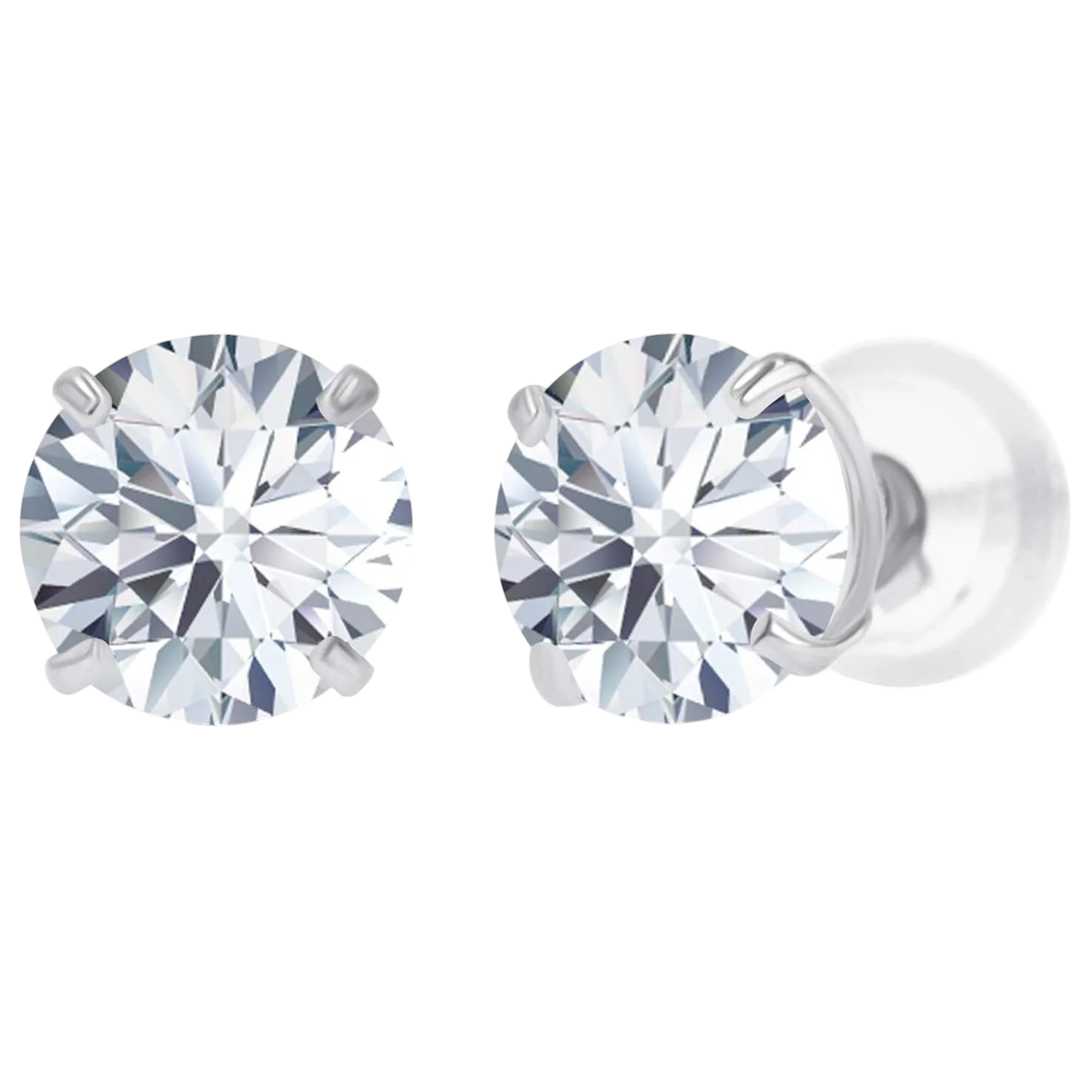A pair of round diamond stud earrings set in metal prongs with backings, featuring a classic sparkling design.