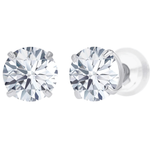 A pair of round diamond stud earrings set in metal prongs with backings, featuring a classic sparkling design.