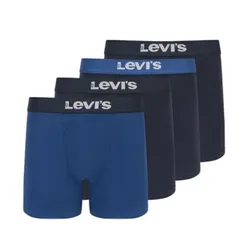 A set of four Levi's men’s boxer briefs in shades of blue and dark blue, featuring the brand's logo on the waistband.