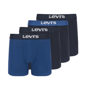 A set of four Levi's men’s boxer briefs in shades of blue and dark blue, featuring the brand's logo on the waistband.