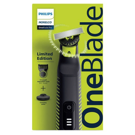 Philips Norelco OneBlade Pro Limited Edition includes an adjustable-length comb (0.5-9mm) and charging stand.