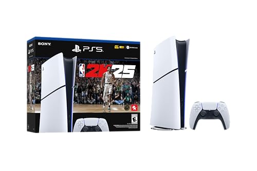 PlayStation 5 NBA 2K25 Bundle includes a PS5 console, a DualSense controller, and the NBA 2K25 game. The box art features basketball graphics and branding.