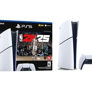 PlayStation 5 NBA 2K25 Bundle includes a PS5 console, a DualSense controller, and the NBA 2K25 game. The box art features basketball graphics and branding.