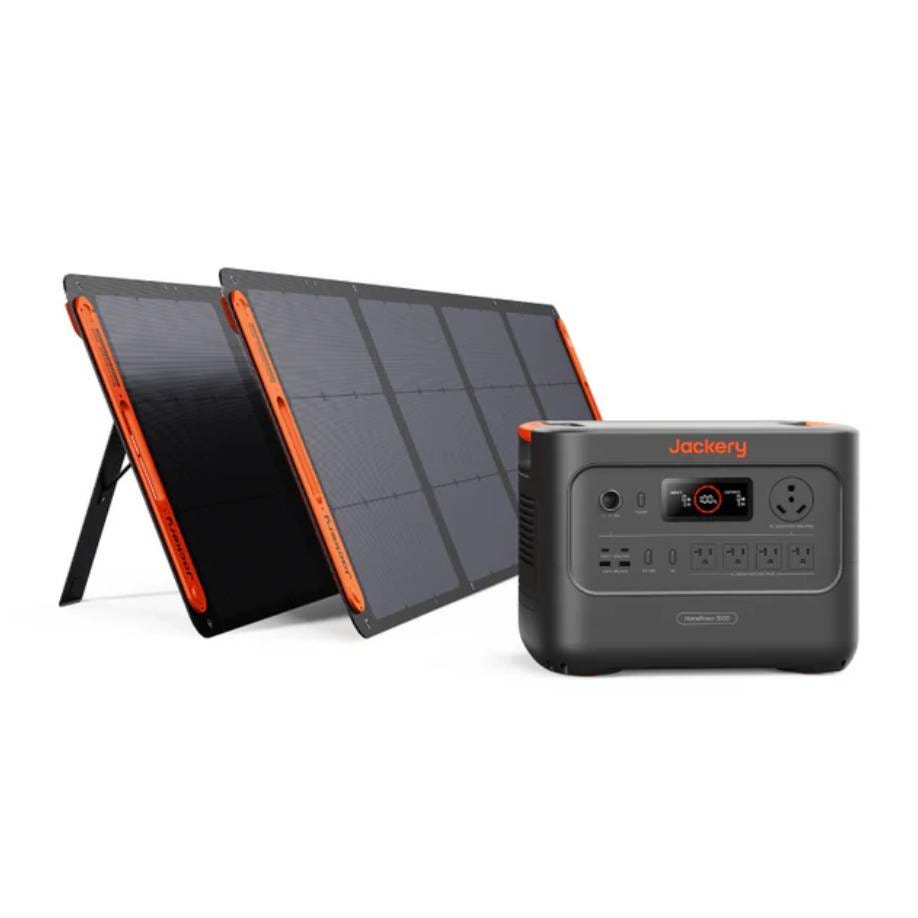 Portable power station with solar panels, featuring multiple outlets and a digital display, branded \“Jackery.\“