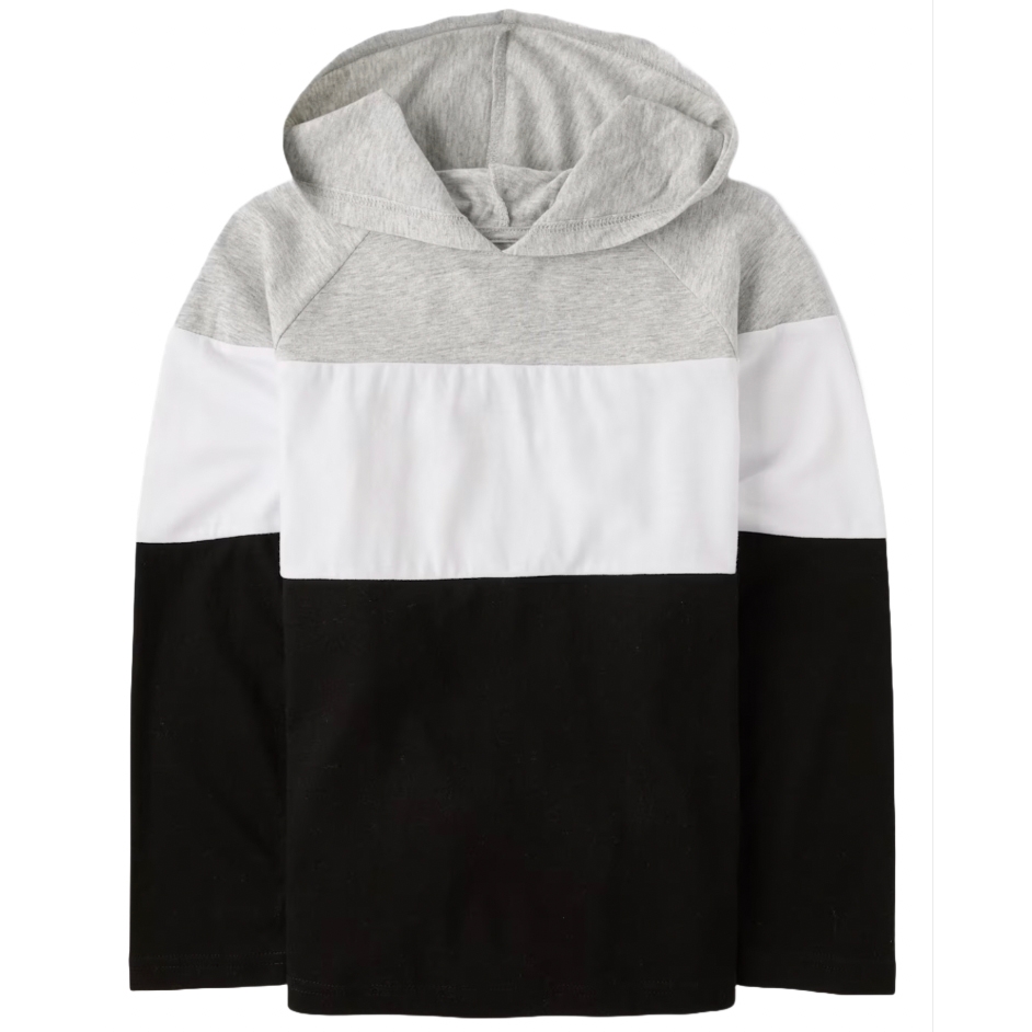 Color-blocked hoodie with gray, white, and black sections and long sleeves.